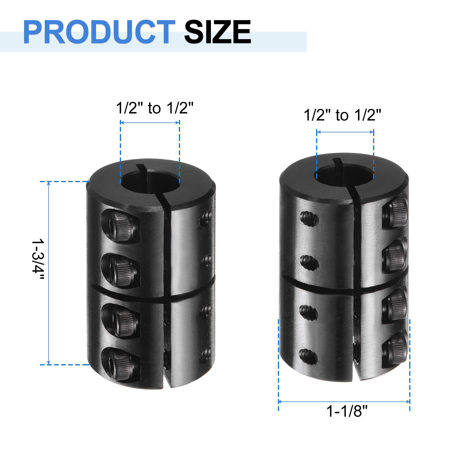 Uxcell Shaft Coupling, 1/2" to 1/2" Bore, 1-1/8" OD, 1-3/4" Length, Black Oxide Rigid Single Split Clamping Coupling with #8-32 x 1/2" Set Screws for 3D Printers Motor Wheel
