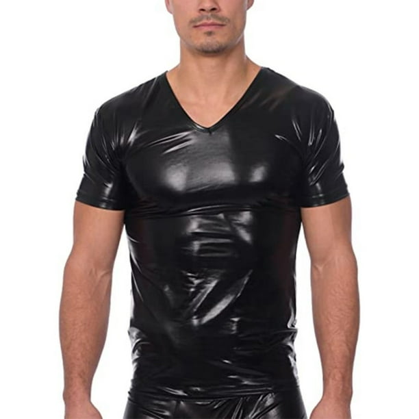 Camiseta de manga corta y camiseta interior de poliéster para hombre, de verano, brillante, ajustada, a la moda, moldeadora, estilo discoteca.