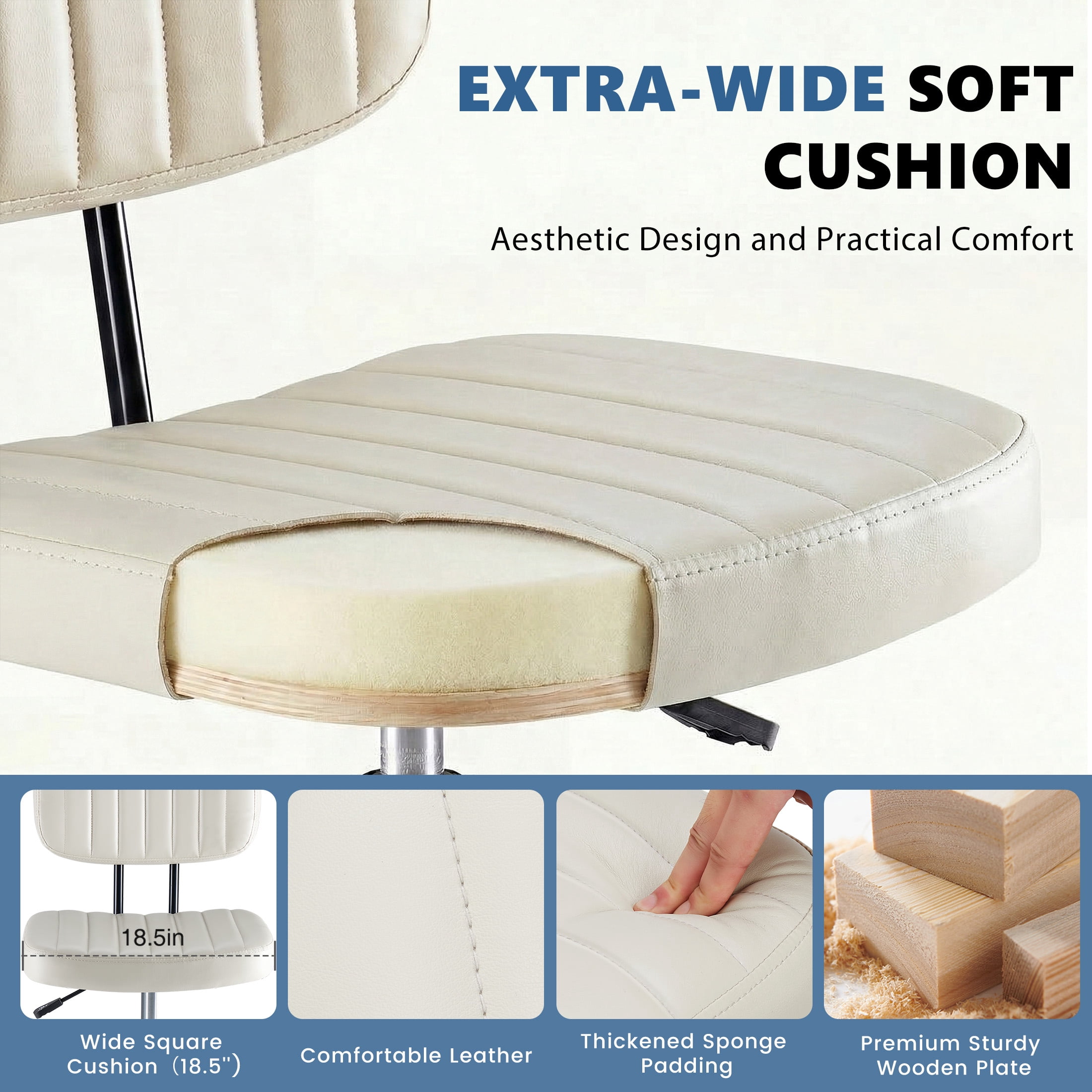edx Adjustable Height & Foot Rest Office Desk Chairs with Backrest, PU Leather Modern Rolling Stool with Wheels 360°Swivel Task Chair for Home Office Bar Kitchen Shop(Beige)
