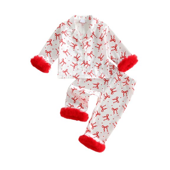 RUINIXCW Toddler Baby Girl Silk Stian Pajamas Set Kids Spring Fall PJS Sleepwear Bow Dots Plush Cuff Button Down Long Sleeve Shirt Top and Pants Set