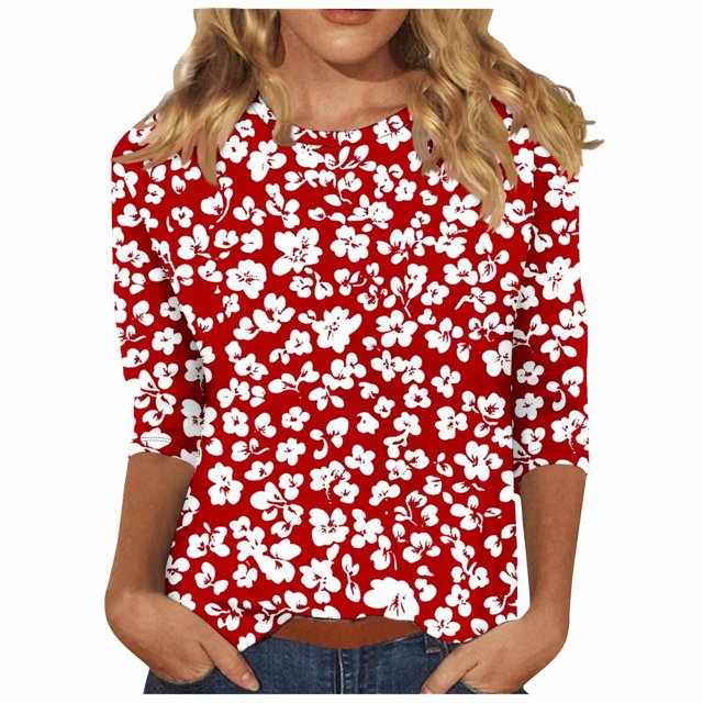 Hauts à Manches 3/4 pour Femmes Été 2025 Imprimé Col Rond Tunique Blouses Coupe Ample Décontractée Tee-Shirts Grande Taille Blouses Habillées Décontractées Sortie Costume d'Entraînement