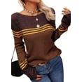 thumbnail image 3 of Women Autumn Winter Colorblock Pullover Sweaters Round Neck Striped Slim Fitting Knitwear Tops, 3 of 9