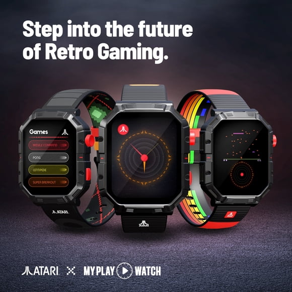 Refurbished My Play Watch 64E7GOWJG0N5 Atari 2600 Retro Gaming Smartwatch with 2.02" Color Touchscreen, Built-In Fitness Tracker, Metal Bezel, IP68 Water Resistant, Red Controls
