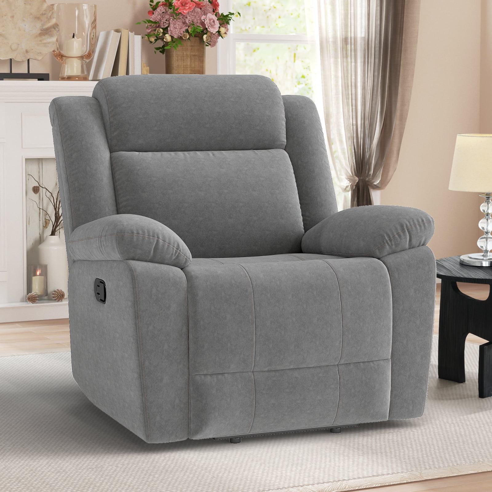 Bonzy Home Extra Wide Manual Recliner Chair in Soft Gray Fabric,Overstuffed Recliner，Gray