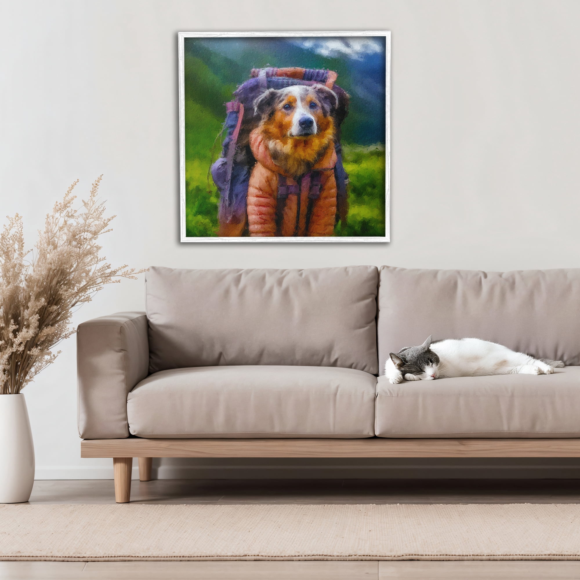 Stupell Industries Backpacking Hiker Dog White Framed Giclee Art, design by Sean Parnell