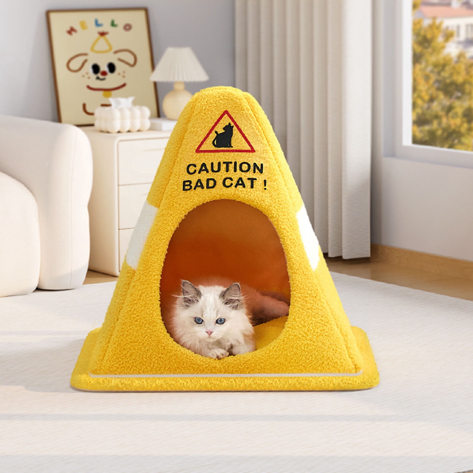 Funny Caution Bad Cat Bed, 2026 Cute Soft Fleece Cozy Zipper Pet House with Detachable Inner Padding