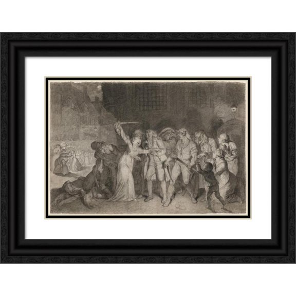 Pierre Alexandre Wille 18x13 Black Ornate Wood Framed Double Matted Museum Art Print Titled - Elizabeth Cazotte Rescues Her Father from the Death Sentence at the Prison of L’Abbaye, 2-3