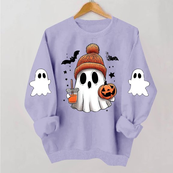 VKOYWKM Fall Halloween Sweatshirts for Women Ghost Graphic Sweatshirts Oversized Long Sleeve Crew Neck Pullover Holiday Party Sweatshirt