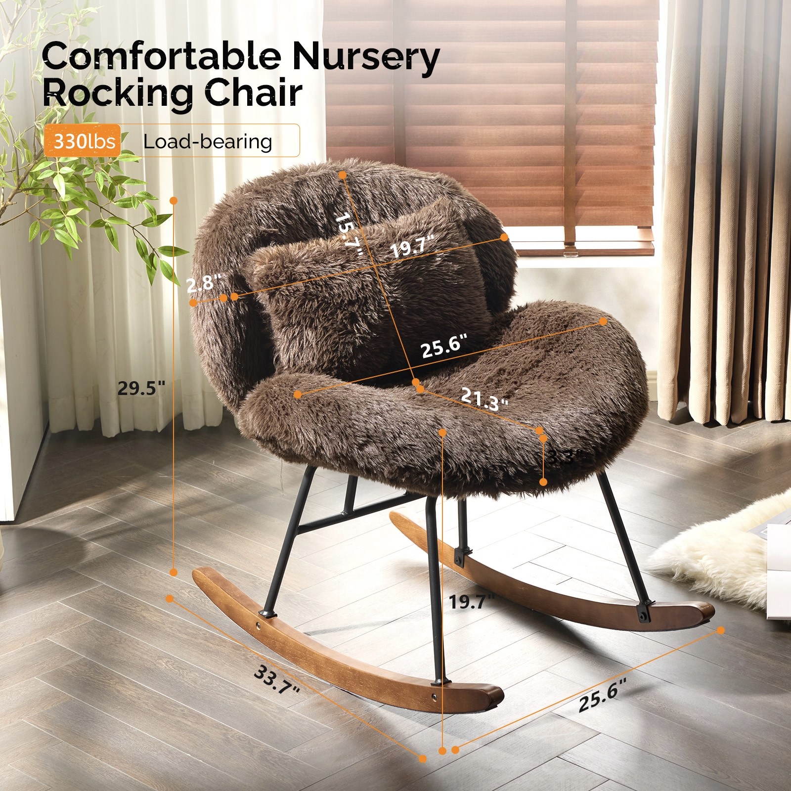Ktaxon Rocking Accent Chair with Padded Seat, Cute Cozy Nest Style Nursery Chair, Long Pile Fabric Glider Rocker with Wooden Metal Frame Coffee