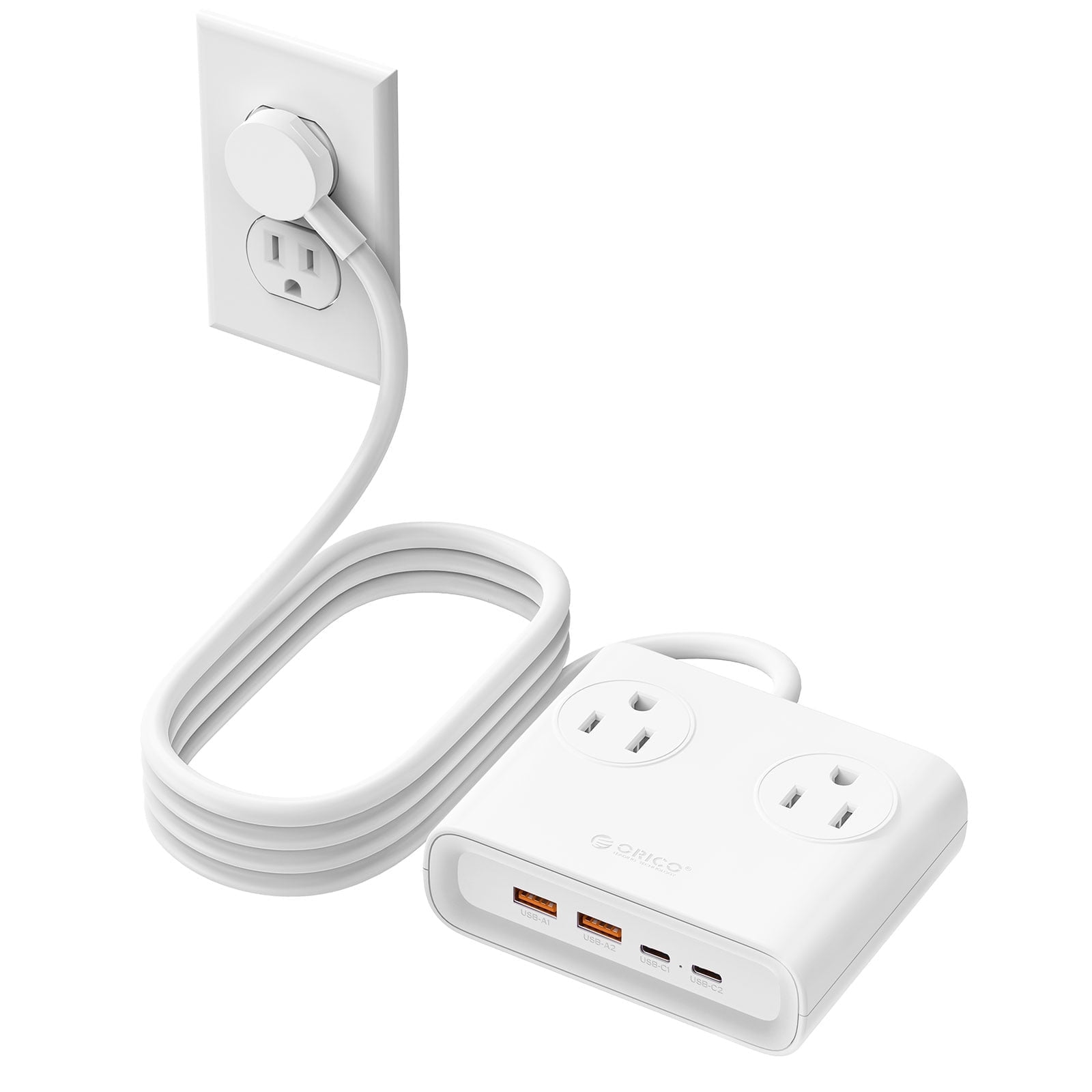 ORICO 25W GaN 8-in-1 Power Strip with 4 AC Outlets & 4 USB Ports (USB-A/USB-C), 5ft Flat Plug Outlet Extender for Home Office Travel(WHITE)
