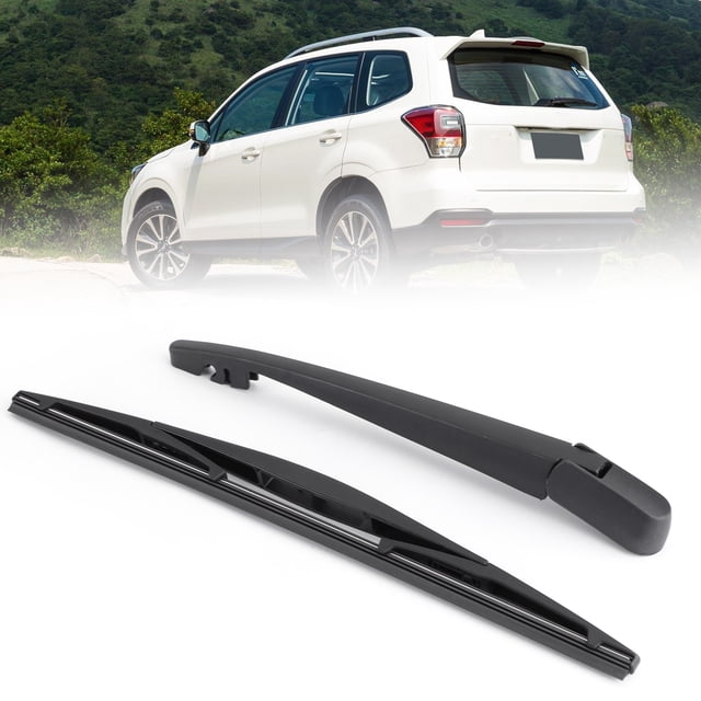 Rear Wiper Arm & Blade for Subaru Forester Legacy Outback REP 86532SA070, featuring a black wiper arm made of 100% PBT with 30% Pb for durability and anti-aging surface paint treatment. The arm measures 29.5 cm (11.61 inches) and the blade measures 36 cm (14.17 inches). Compatible with Subaru Forester (2002-2016), Legacy (2005-2009), Outback (2005-2015), Impreza (2005-2008), and Tribeca (2008-2014). Includes one rear wiper arm and one rear wiper blade, shown against a white Subaru SUV in a scenic outdoor setting.