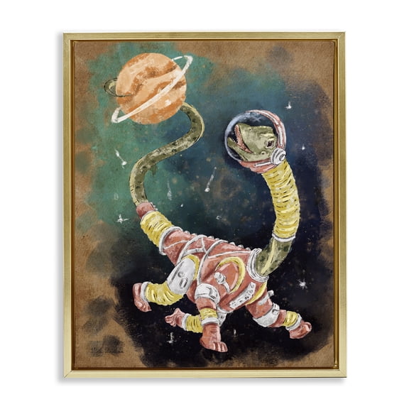 Stupell Industries Contemporary Dinosaur in Outer Space Gold Floating Frame Canvas Art, 17 x 21, by Nidhi Wadhwa