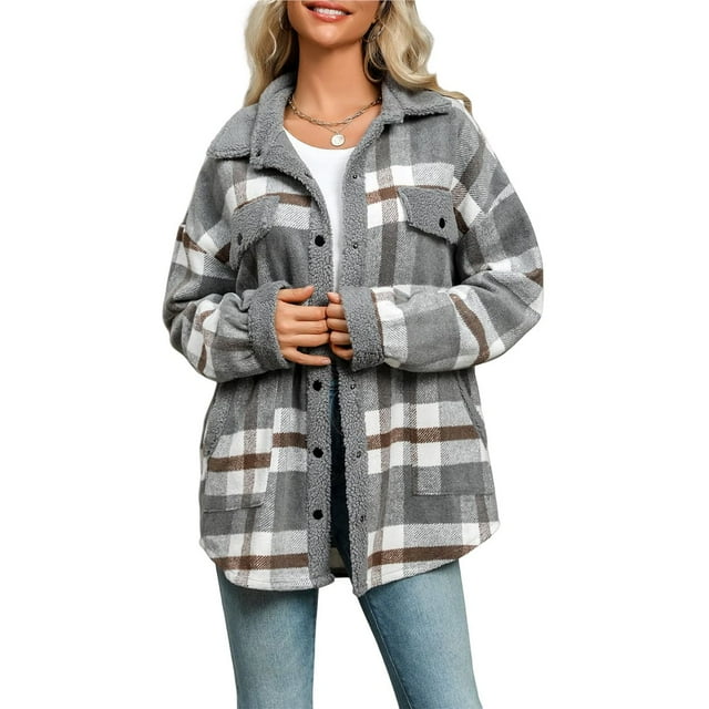 Chaqueta de Franela A Cuadros con Botones, Estilo Casual, Larga, con Bolsillos, Ideal para Otoño. Gris M