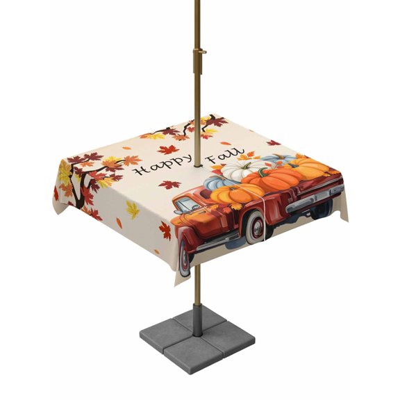 Outdoor Tablecloth with Umbrella Hole and Zipper, Fallen Maple Leaf Square Table Cloth 60x60 Inch Waterproof Tablecloth, Thanksgiving Red Truck Pumpkin Picnic Table Cover for Patio Camping