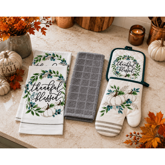 Serafina Home Fall Harvest Blue and White Pumpkins Kitchen Dish Towels and Pot Holder Set 5pc … (White/Teal)