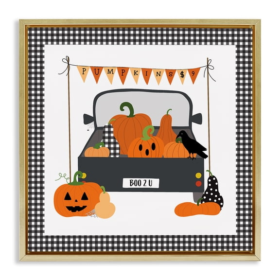 Stupell Industries Pumpkin Truck with Gingham Border Holiday Painting Gold Floater Framed Canvas Art Print Wall Art, 18 x 18