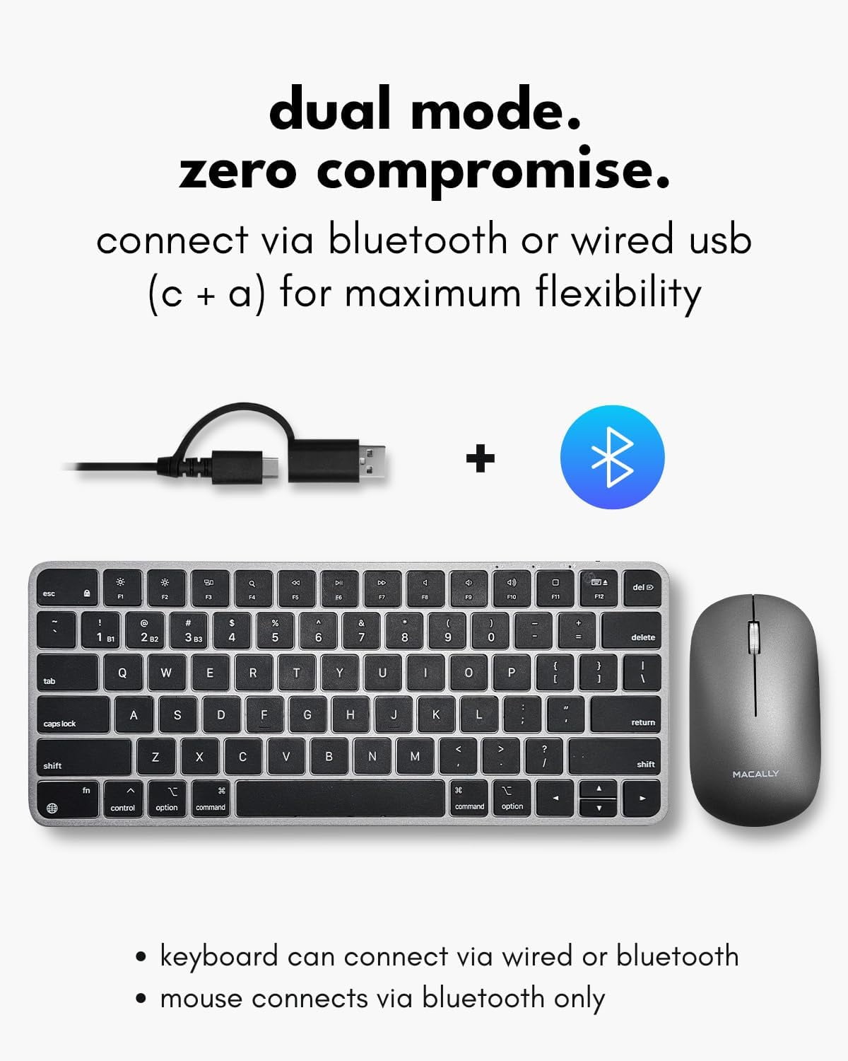 Macally Apple Wireless Keyboard and Mouse for Mac - Dual Mode (Bluetooth + Wired) - Multi-Device, Rechargeable - Mini Wireless Keyboard and Mouse for MacBook, iPad, Mac Mini/Air/Pro (Space Gray)