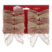 Holiday Time Sheer Pink and Gold Glitter Plaid Bows, 10 Count