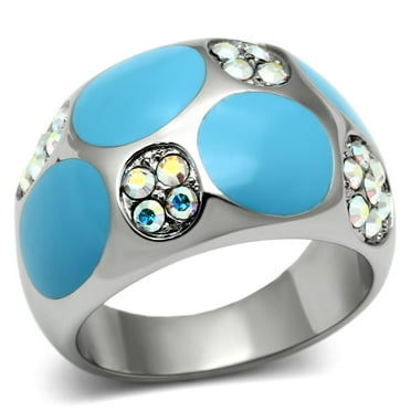 Luxe Jewelry Designs Women's Stainless Steel Blue Epoxy Ring with Aurora Borealis Crystals - Size 6