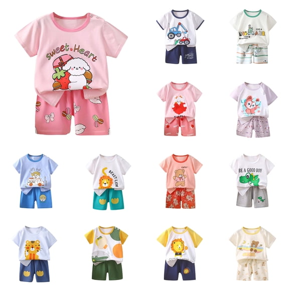 Paiwinds Kids Summer Short Sleeve Top and Shorts Set - Cute Small Print Crewneck with Elastic Waist Shorts, Soft Breathable Cotton, Casual Everyday Outfit for Warm Weather