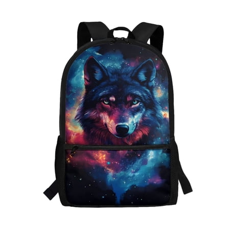 Uorisanigo School Galaxy Wolf Backpack for Kids 5-12 Year Lightweight Travel Backpacks Casual Daypack Nursery Preschool Elementary Schoolbags(17 Inch)
