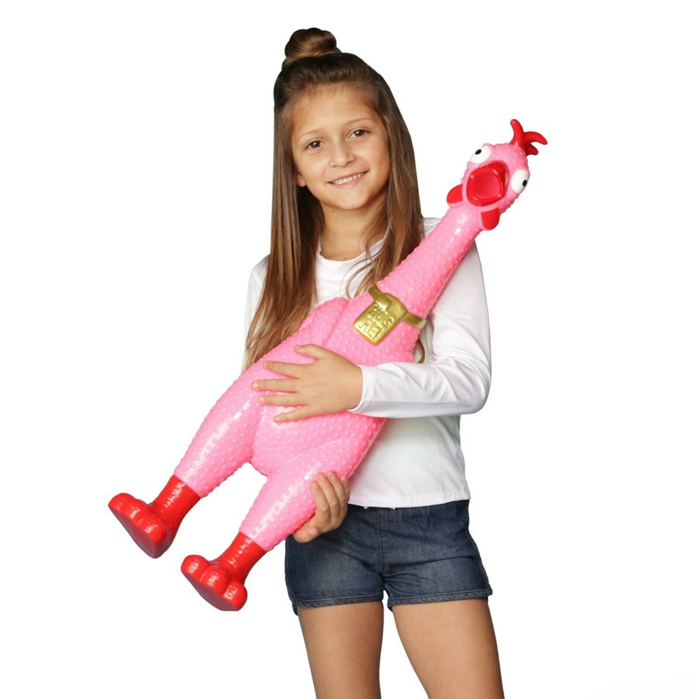A giant screaming chicken the HUG ME squeaky chicken toy (Pink