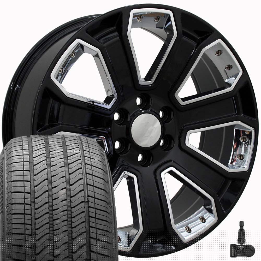 OE Wheels CV93 22 Inch Rims and Tires Fit Silverado 1500 Style 6x139.7 22x9 Gloss Black with Chrome Insert - Hollander 5660 - Alenza A/S 02 275/50-22 (Set of 4)