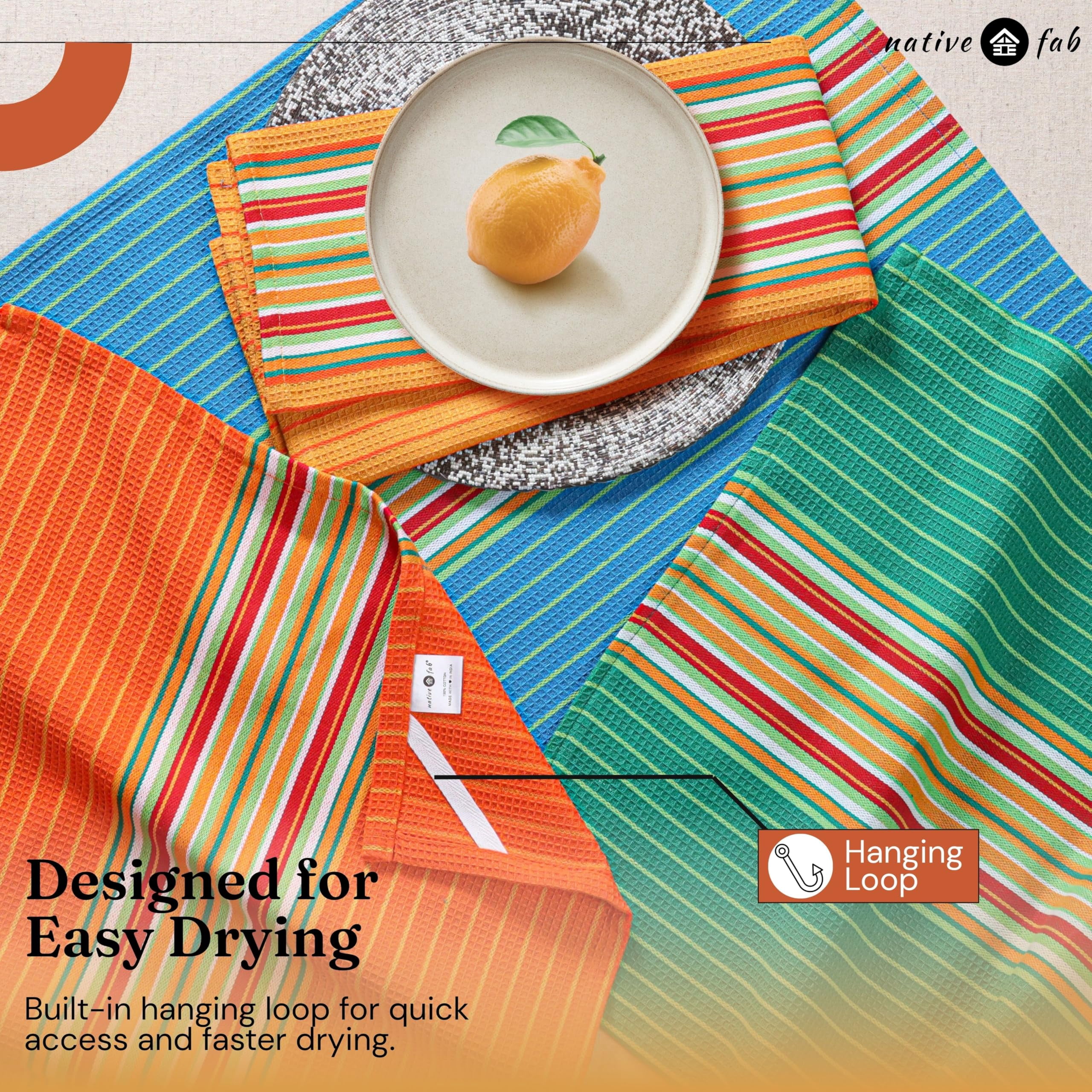 Native Fab Mexican Salsa Stripe Kitchen Towels, 8 Pack, 18x28 Inches, 100% Cotton, Highly Absorbent, Soft, Dish Towel for Drying Dishes, Everyday Kitchen Use, Reusable, Washable, Mustard Yellow