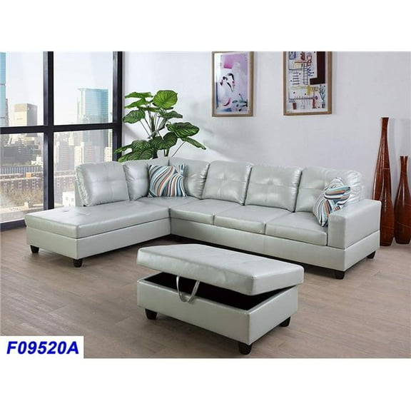 3 Piece Left Facing Sectional Sofa Set with Ottoman, Faux Leather - Silver & Green