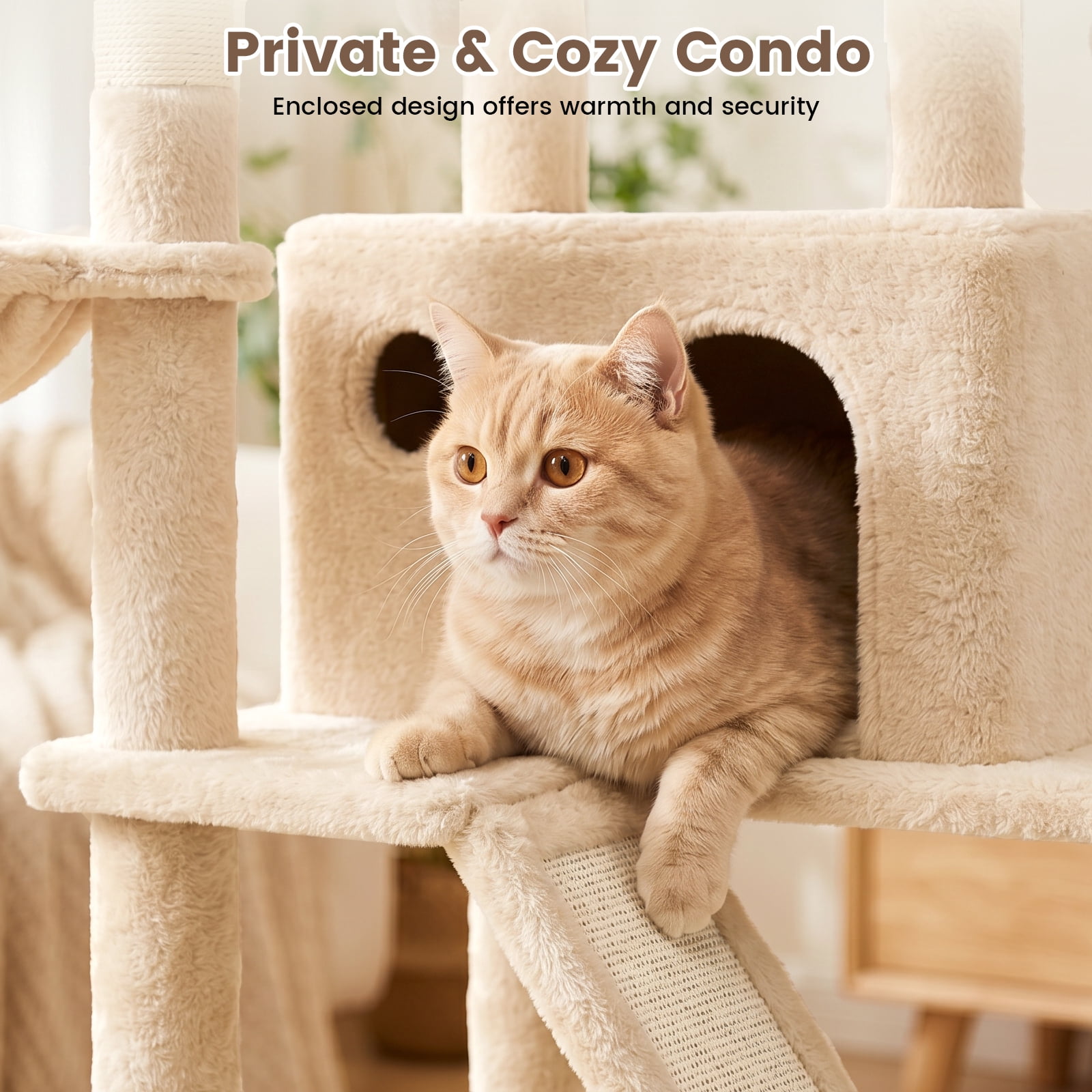 CATGOOD 81" Cat Tower, Big Cat Treefor Multiple Adult Cats, Multi-Level Tall Cat Tree with 2 Platforms, 2 Condos, 2 Hanging Basket, Hammock and Scratching Post for Indoor Kitties, Beige