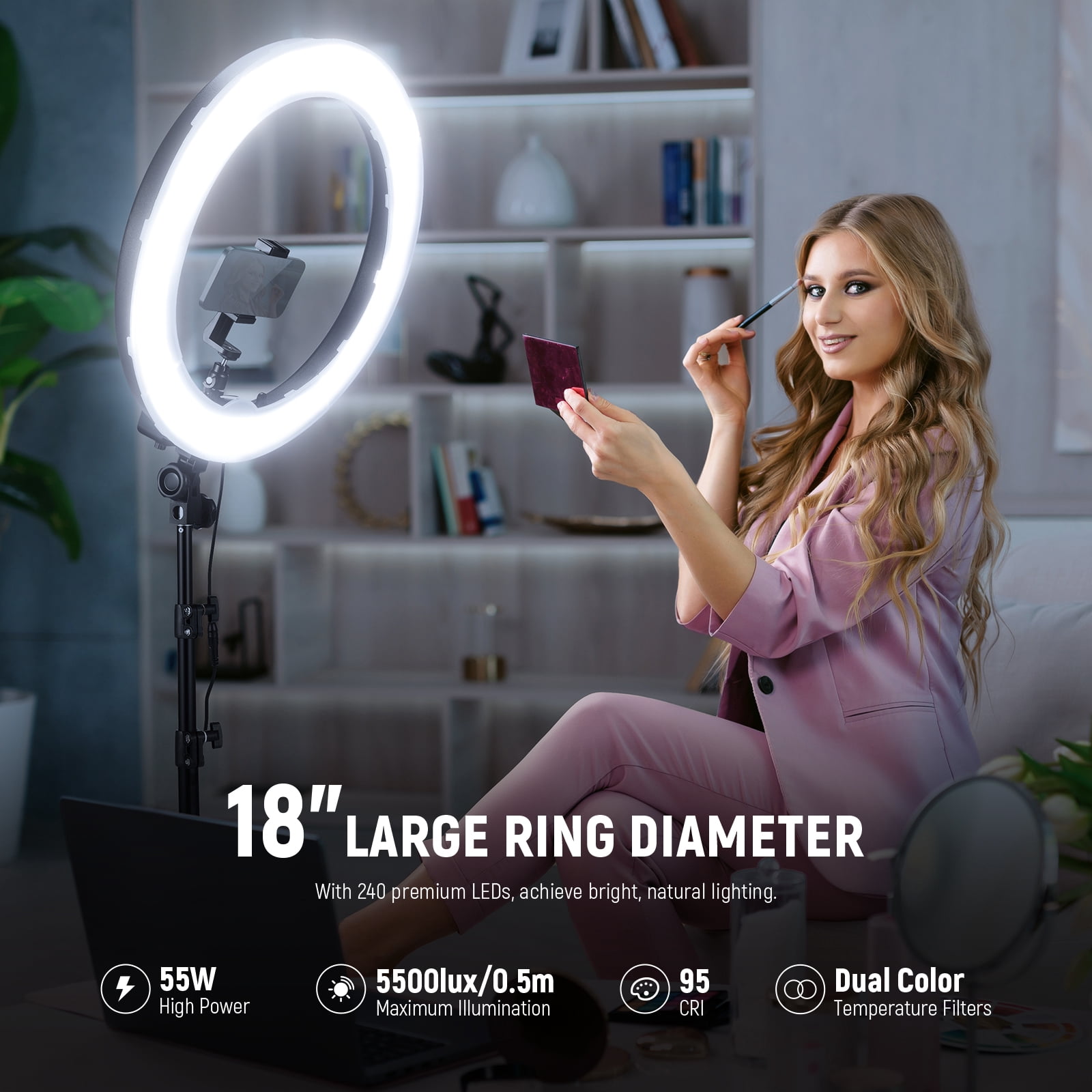 Neewer 55W 18" Ring Light Kit, 5600K Dimmable LED Ringlight Tripod Stand Phone Holder for iPhone Selfie Makeup Tattoo Studio Photo Video Recording