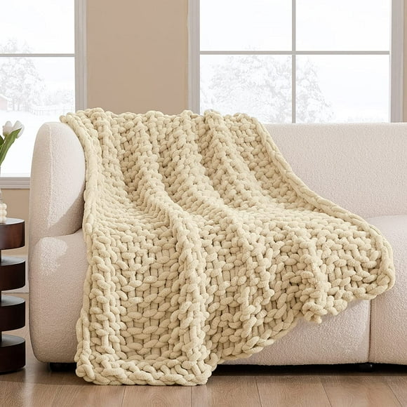 Jinsinto Chunky Knit Throw Blanket 40X40 Inches, Super Warm Soft Chenille Yarn Cable Knitted Blankets