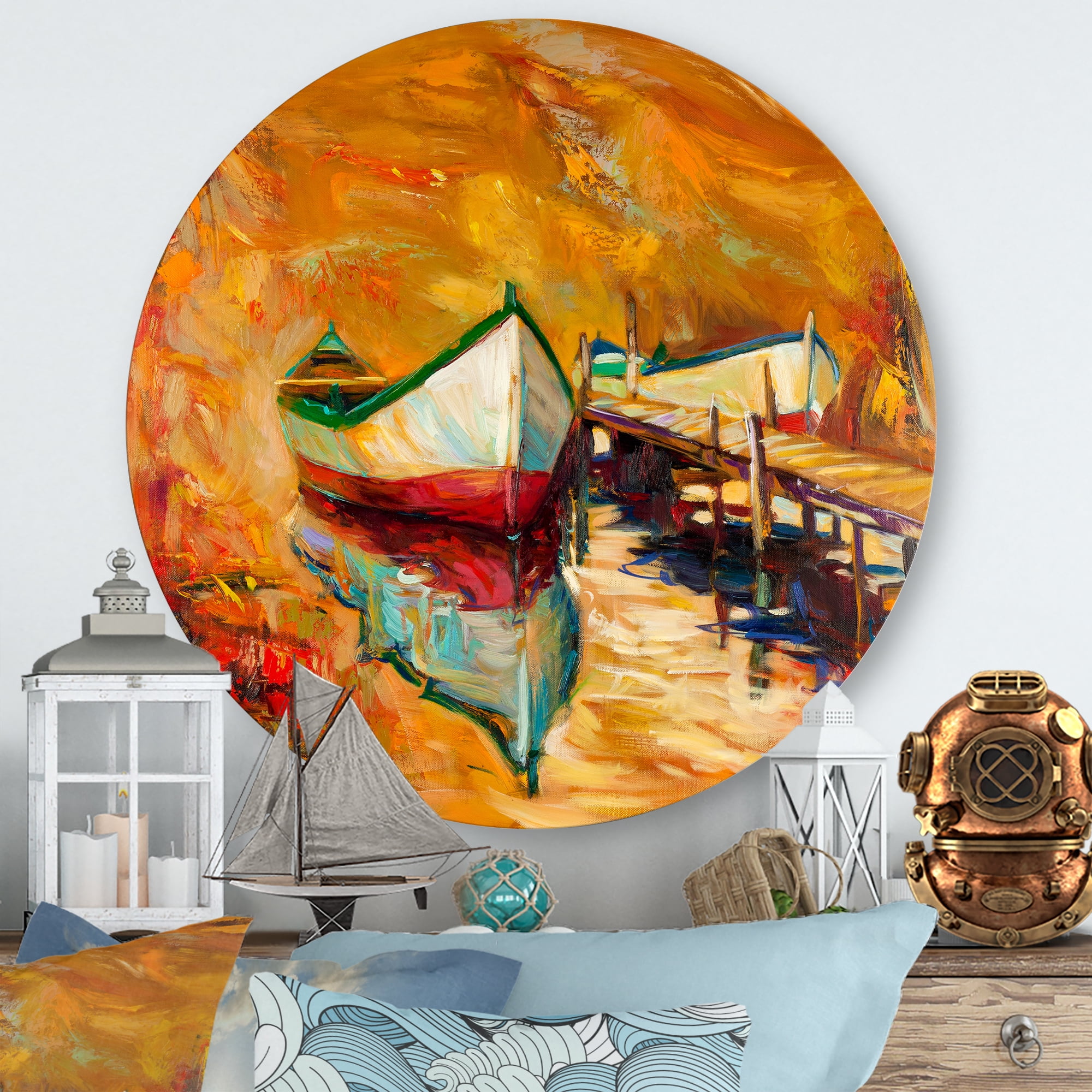 Designart 'Red and White Boats By The Pier' Nautical & Coastal Circle Metal Wall Art 23x23 - Disc of 23