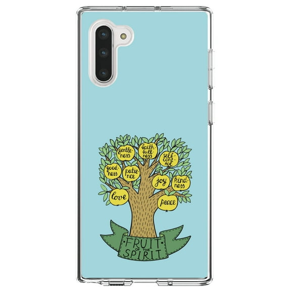 DistinctInk Clear Shockproof Hybrid Case for Samsung Galaxy Note 10 (6.3" Screen) - TPU Bumper, Acrylic Back, Tempered Glass Screen Protector - Fruit of the Spirith - Tree - Yellow Teal