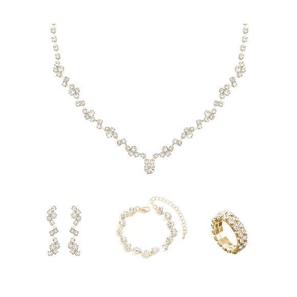 "Kit 4 Pz Joyería Juego De Collar Pulsera Pendientes Y Anillo Para Novia Mujer Lab.G Color Oro plata "