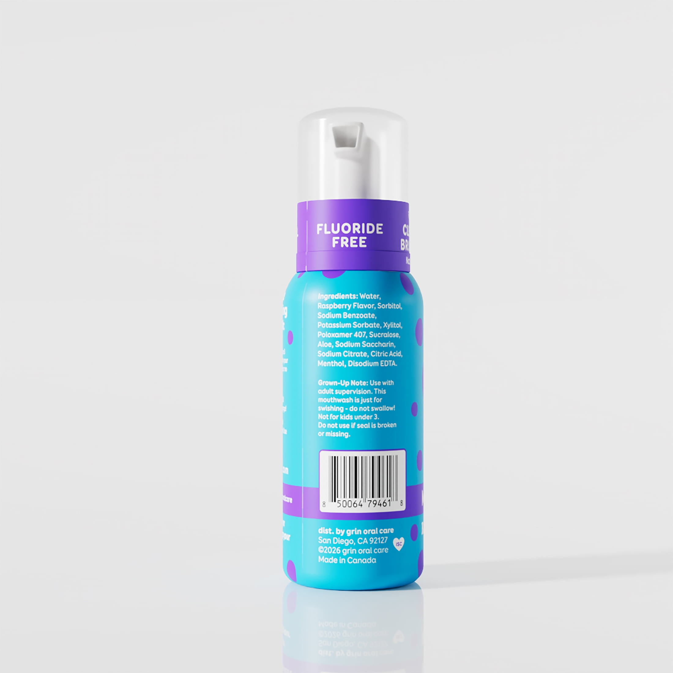 Grin Kids Foaming Mouthwash, Razzle Dazzle Blue Raspberry, Fluoride Free, 3.38 fl oz