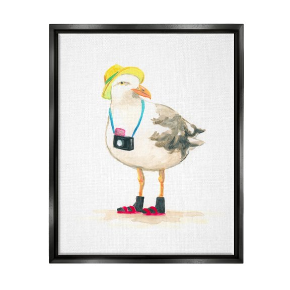 Stupell Industries Tourist Seagull & Camera Animals & Insects Painting Black Floater Framed Canvas Art Print Wall Art, 25 x 31