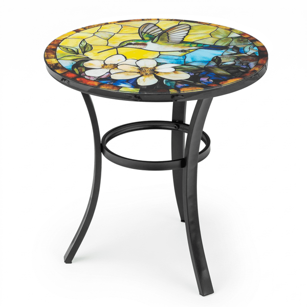 19.5 inch Side Table, Round Iron Top with Tripod Legs, Indoor Outdoor Accent End Table, Hummingbird Mosaic