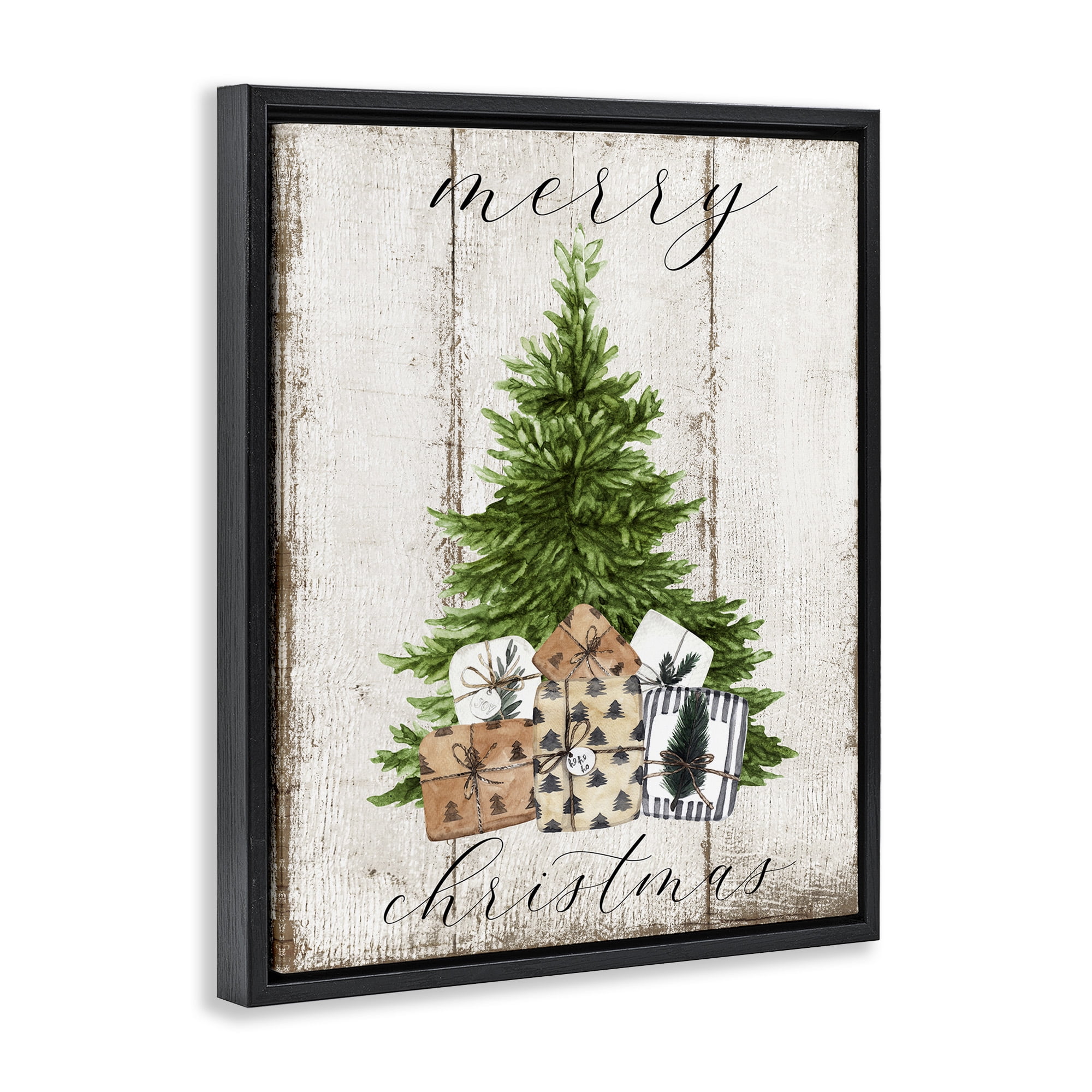 Stupell Industries Rustic Distressed Christmas Tree Holiday Painting Black Floater Framed Canvas Art Print Wall Art, 17 x 21