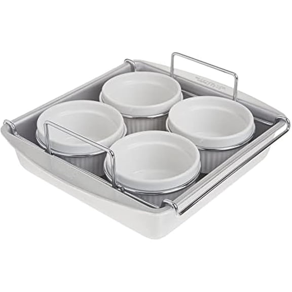 pupikeji Professional 6-Piece Creme Brulee Set with 4 Porcelain Ramekins, 8-inch Square Pan and Wire Rack