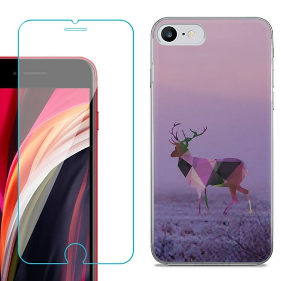 Slim-Fit Fashion Gel Phone Case for iPhone SE 2022, with Tempered Glass Screen Protector, by OneToughShield ® - Deer/Polygon