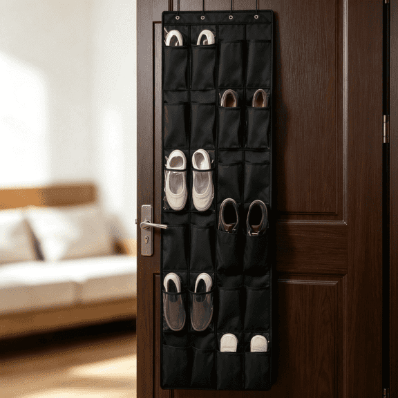 24 Large Breathable Mesh Pockets, Space Saving Hanging Storage Holder, Closet Rack Hanger Holds Up to 40 lbs, Hangs on Closets for Shoes, Accessories, Black