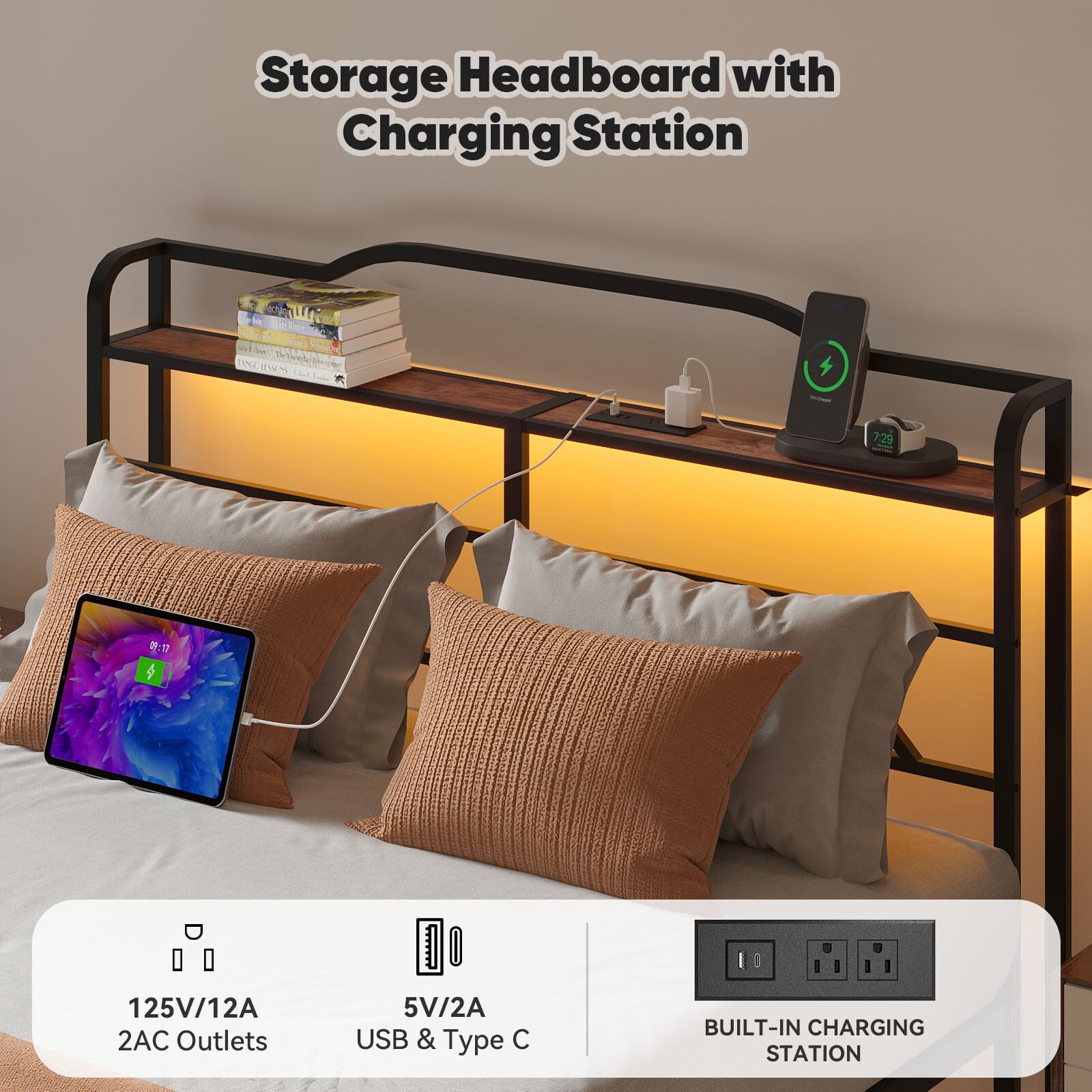 NISIEN Queen Size Bed Frame with LED Storage Headboard & Charging Station, Metal Platform Bed, Black