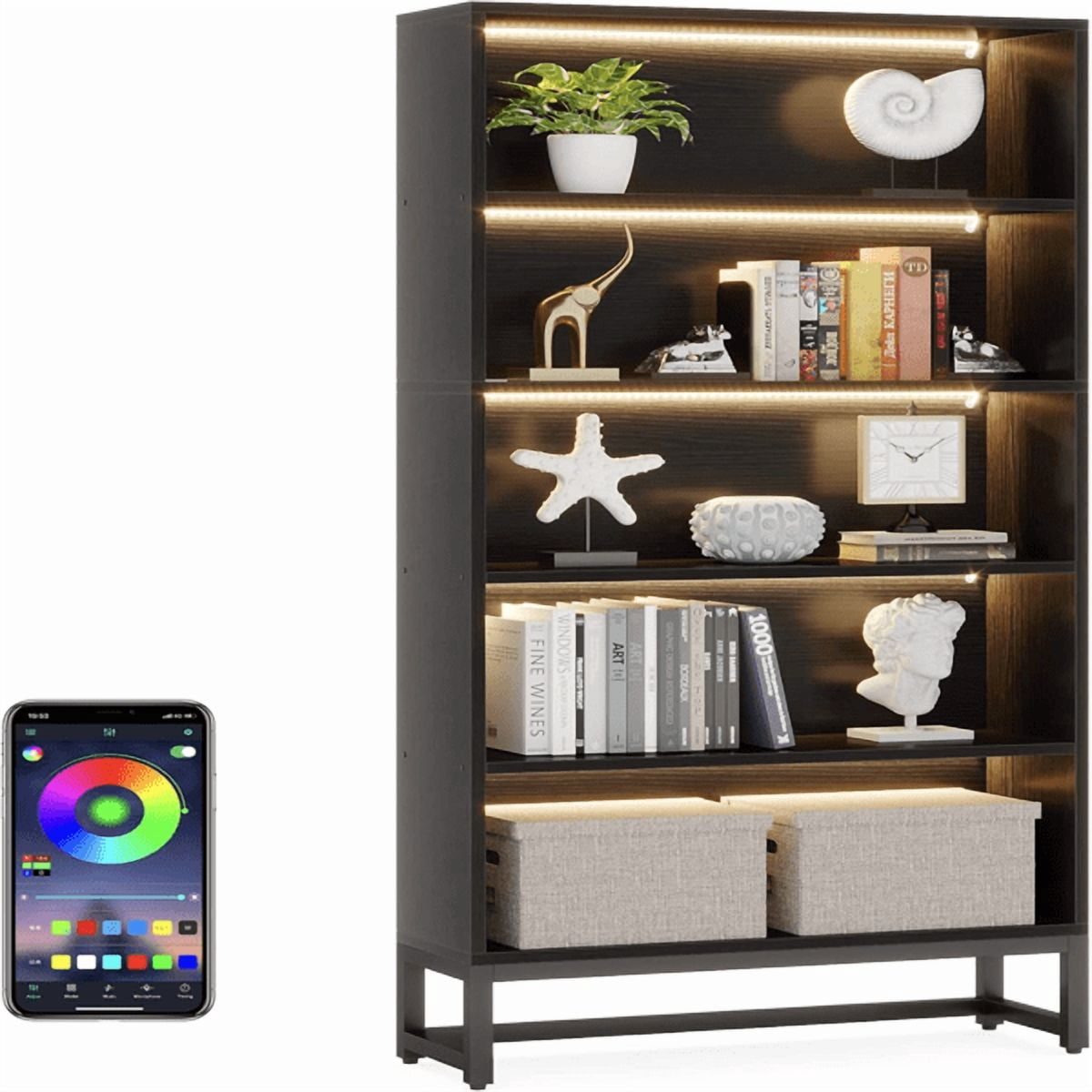5-Tier Tall Bookshelf with LED Lighting - 529lb Capacity, Anti-Tip Kit & Adjustable Feet, for Living Room/Home Office/Library