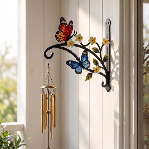 Cififendec Metal Butterfly Wall Hanging Bracket, 8.19"×8.07", Decorative Plant Hanger Hook for Indoor Outdoor Balcony Garden Wind Chime Flower Pot Display Rack