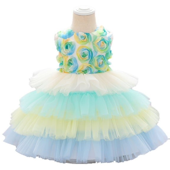Pejock 6M-5 Years Kids Pageant Flower Girl Dress Little Girls Party Wedding Formal Dresses Toddler Girls Gradient Color Net Yarn Mesh Flowers Birthday Party Kids Formal Princess Dresses