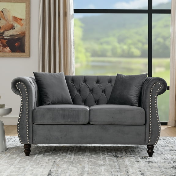 Royard Oaktree Velvet Chesterfield Sofa Loveseat Couch Chair with Rolled Arms, 2 Seater Classic Button Tufted Couch with Nailhead Trim, Solid Wood Legs & 2 Pillows for Living Room Office, Grey
