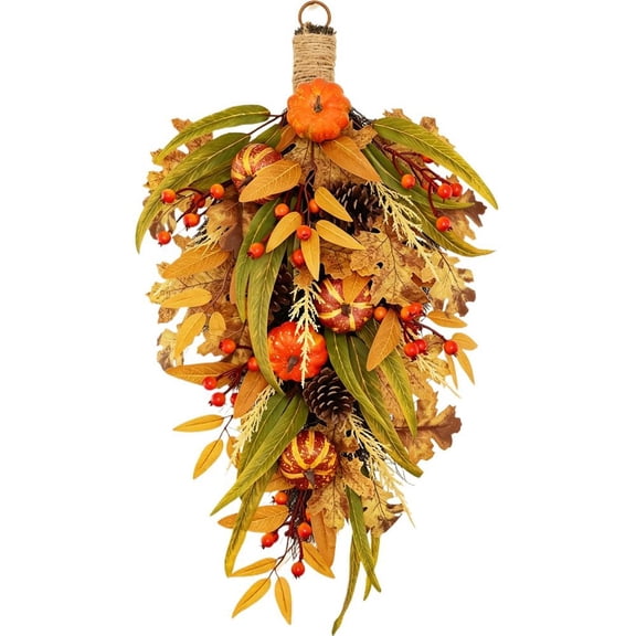 28″ Fall Harvest Swag, Pumpkin Pinecone & Eucalyptus Hanging Decor with Rustic Twine Handle for Front Door, Porch, Mantel
