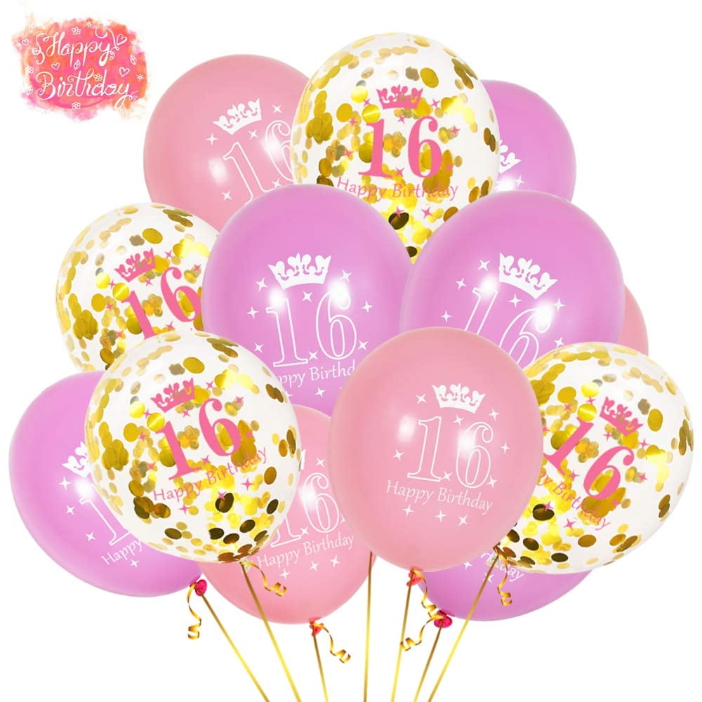 12 Inch Pink 16th Birthday Balloons 16 Year Old Latex Party Balloon Baby  Pink Party Decorations with Gold Confetti Balloon Ribbon for 16 Birthday  Theme Party Supplies(16 Pack) 