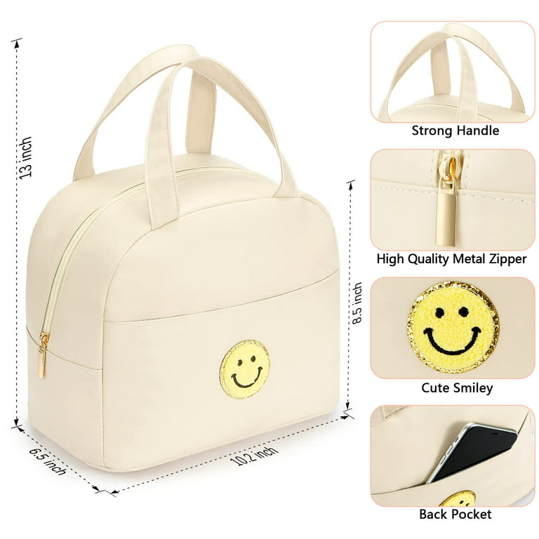 Lunch Bag for Women Large Insulated Lunch Box Reusable Lunch Tote Bag with  Smiley Preppy Lunch Bag ,Soft Leather Lunchbag for Work School Picnic  Travel (White) 
